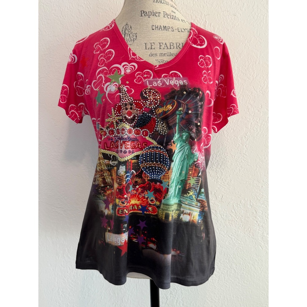 MGM Resorts Las Vegas Souvenir T-Shirt Pink Black Rhinestone V-Neck Size Medium
